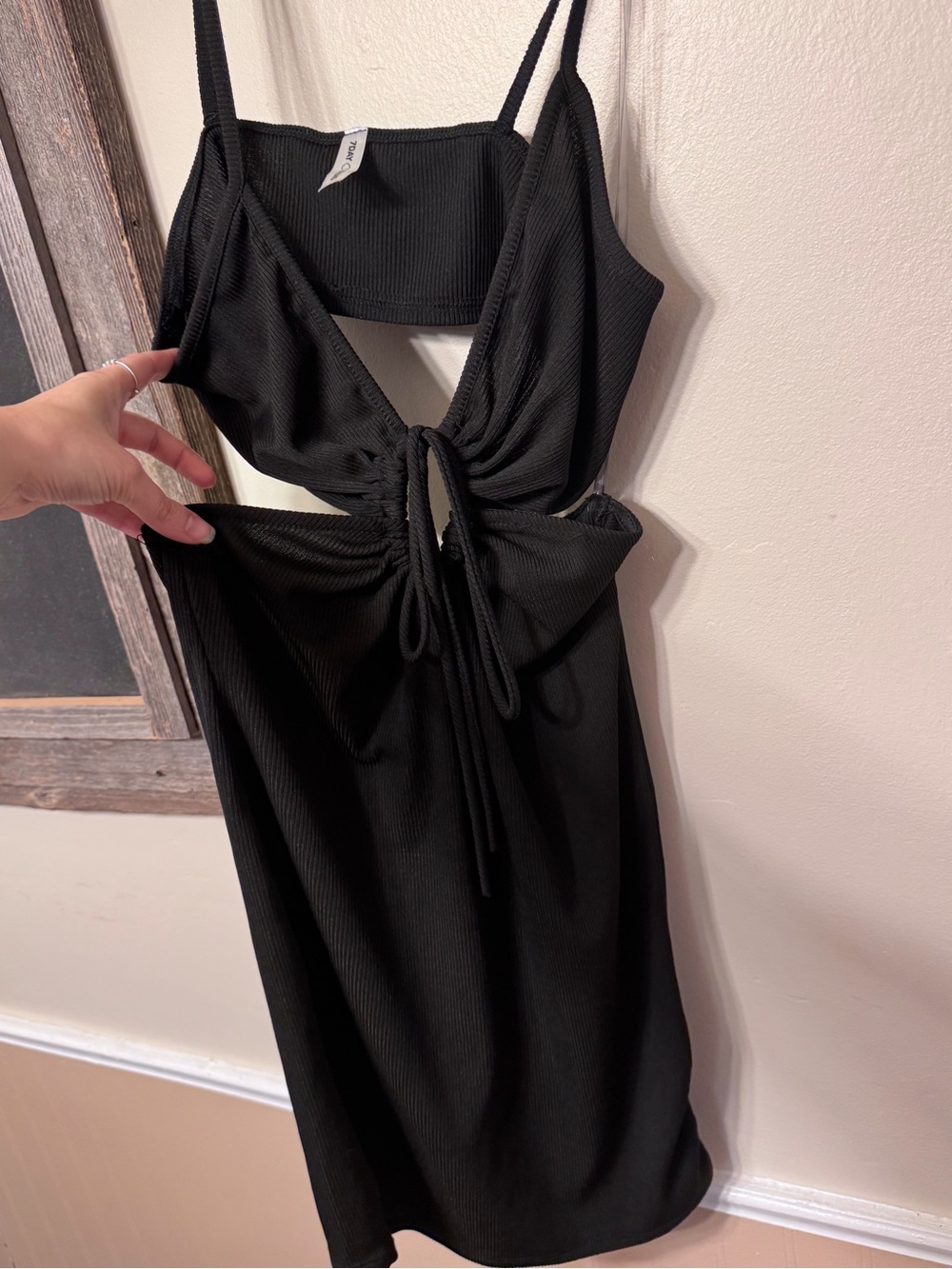 Black Ribbed Cutout Midi Dress with Tie Front